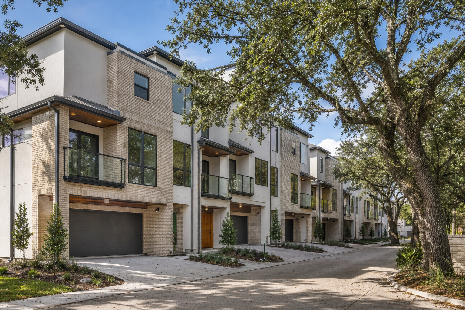 Completed contemporary townhomes in North Houston